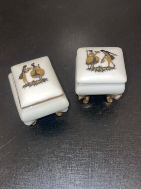 Vintage Porcelain Pill Boxes Trinket Boxes Baroque Dancers Victorian Black Gold